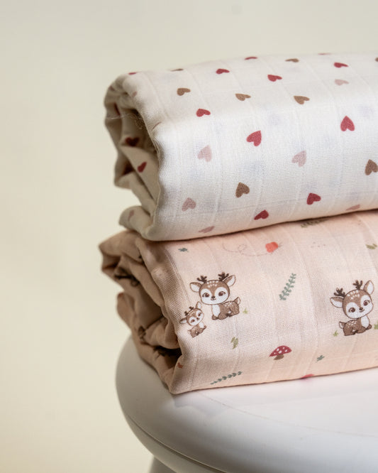Twingle 100% Organic Muslin Swaddles-Bigger than Standard Swaddles-Supports Natural Airflow-Soft Gentle Edges-Mama Deer & Tiny Hearts Print-White & Pink-Pack of 2-Infant Wraps