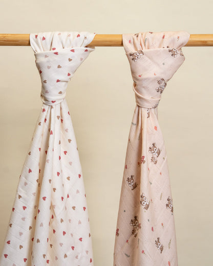 Twingle 100% Organic Muslin Swaddle & Blanket Set-Mama Deer-Generously Sized Swaddles & 4-Layer Muslin Blanket-All-Season Comfort-White & Pastel Pink-For Infants