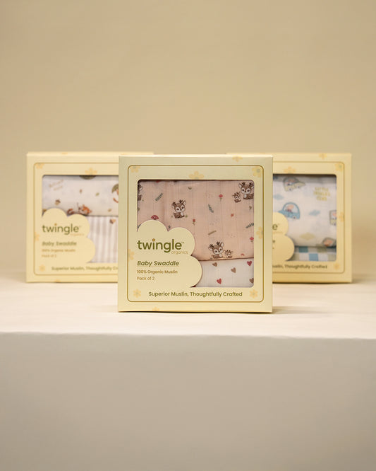 Twingle 100% Organic Muslin Swaddles-Bigger than Standard Swaddles-Supports Natural Airflow-Soft Gentle Edges-Mama Deer & Tiny Hearts Print-White & Pink-Pack of 2-Infant Wraps