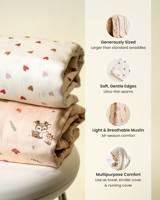 Twingle 100% Organic Muslin Swaddles-Bigger than Standard Swaddles-Supports Natural Airflow-Soft Gentle Edges-Mama Deer & Tiny Hearts Print-White & Pink-Pack of 2-Infant Wraps