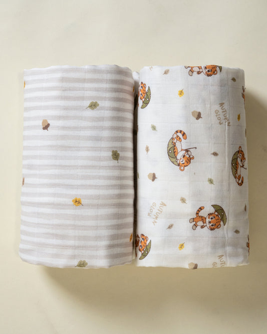Twingle 100% Organic Muslin Swaddles-Bigger than Standard Swaddles-Supports Natural Airflow-Soft Gentle Edges-Cozy Roars & Autumn Vibes Print-White & Grey-Pack of 2-Infant Wraps
