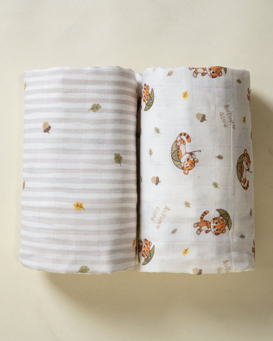 Twingle 100% Organic Muslin Swaddle & Blanket Set-Cozy Roars-Generously Sized Swaddles & 4-Layer Muslin Blanket-All-Season Comfort-White & Light Grey-For Infants