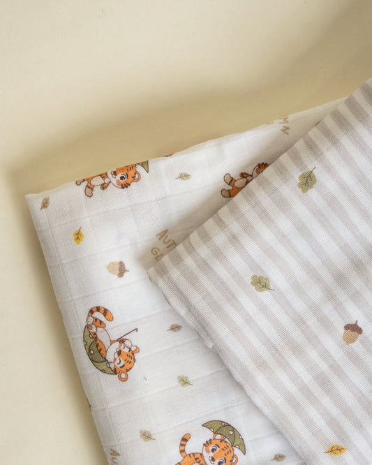 Twingle 100% Organic Muslin Swaddles-Bigger than Standard Swaddles-Supports Natural Airflow-Soft Gentle Edges-Cozy Roars & Autumn Vibes Print-White & Grey-Pack of 2-Infant Wraps