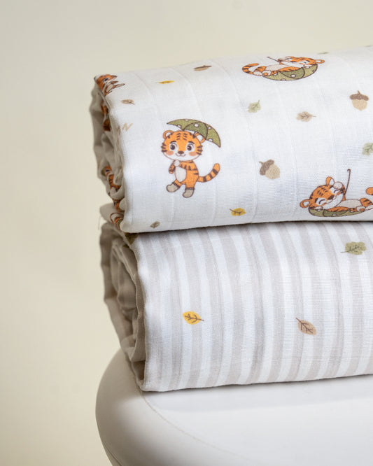 Twingle 100% Organic Muslin Swaddles-Bigger than Standard Swaddles-Supports Natural Airflow-Soft Gentle Edges-Cozy Roars & Autumn Vibes Print-White & Grey-Pack of 2-Infant Wraps