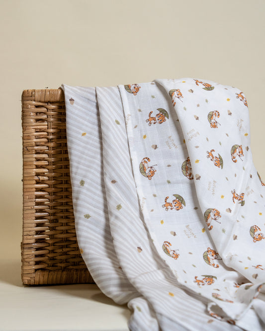 Twingle 100% Organic Muslin Swaddles-Bigger than Standard Swaddles-Supports Natural Airflow-Soft Gentle Edges-Cozy Roars & Autumn Vibes Print-White & Grey-Pack of 2-Infant Wraps