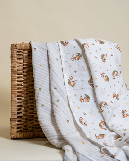 Twingle 100% Organic Muslin Swaddle & Blanket Set-Cozy Roars-Generously Sized Swaddles & 4-Layer Muslin Blanket-All-Season Comfort-White & Light Grey-For Infants