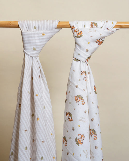 Twingle 100% Organic Muslin Swaddles-Bigger than Standard Swaddles-Supports Natural Airflow-Soft Gentle Edges-Cozy Roars & Autumn Vibes Print-White & Grey-Pack of 2-Infant Wraps