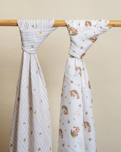 Twingle 100% Organic Muslin Swaddle & Blanket Set-Cozy Roars-Generously Sized Swaddles & 4-Layer Muslin Blanket-All-Season Comfort-White & Light Grey-For Infants