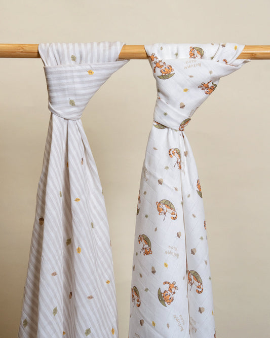 Twingle 100% Organic Muslin Swaddle & Blanket Set-Cozy Roars-Generously Sized Swaddles & 4-Layer Muslin Blanket-All-Season Comfort-White & Light Grey-For Infants