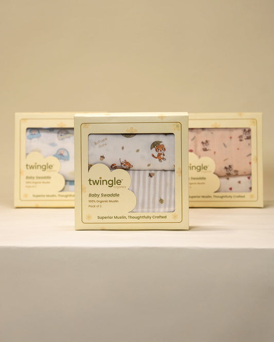Twingle 100% Organic Muslin Swaddle & Blanket Set-Cozy Roars-Generously Sized Swaddles & 4-Layer Muslin Blanket-All-Season Comfort-White & Light Grey-For Infants