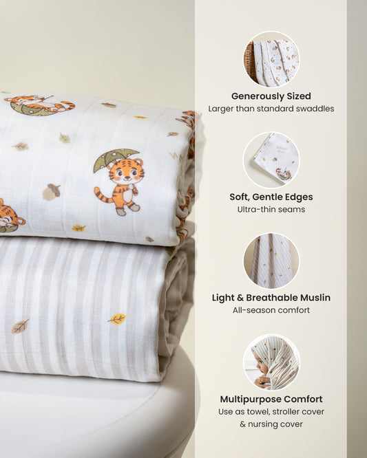 Twingle 100% Organic Muslin Swaddles-Bigger than Standard Swaddles-Supports Natural Airflow-Soft Gentle Edges-Cozy Roars & Autumn Vibes Print-White & Grey-Pack of 2-Infant Wraps