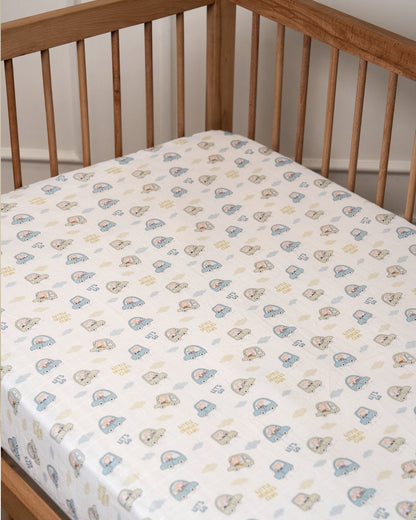 Twingle 100% Organic Muslin Little Drivers Baby Bedding Set-Pack of 5-Reversible Quilt, All-round Elastic Bedsheet, Pillow & Bolsters-White & Blue-For Infants