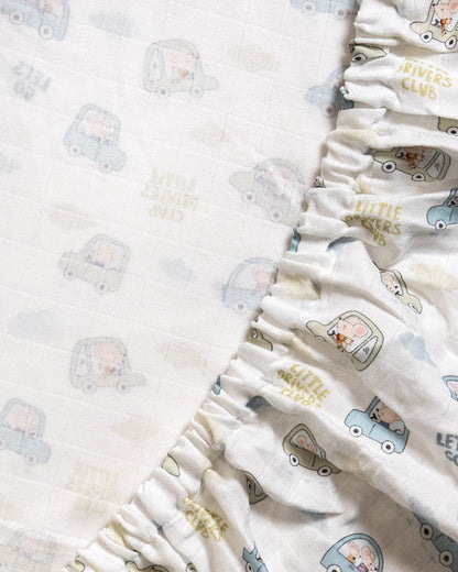 Twingle 100% Organic Muslin Little Drivers Baby Bedding Set-Pack of 5-Reversible Quilt, All-round Elastic Bedsheet, Pillow & Bolsters-White & Blue-For Infants