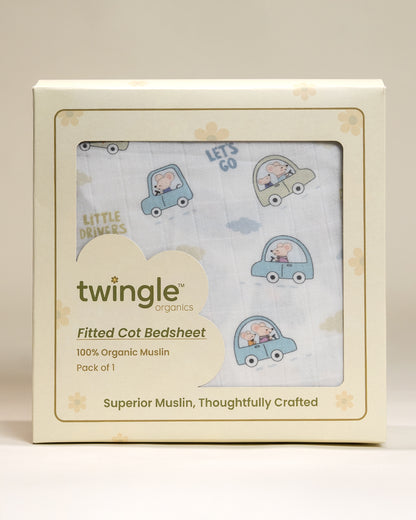 Twingle 100% Organic Muslin Fitted Cot Bedsheet-Generously Sized-Secured All-Round Elastic for Snug Fit-Softens with each Wash-Little Drivers Print-White & Blue-Pack of 1-For Infants