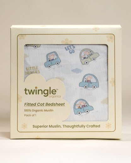 Twingle 100% Organic Muslin Little Drivers Baby Bedding Set-Pack of 5-Reversible Quilt, All-round Elastic Bedsheet, Pillow & Bolsters-White & Blue-For Infants