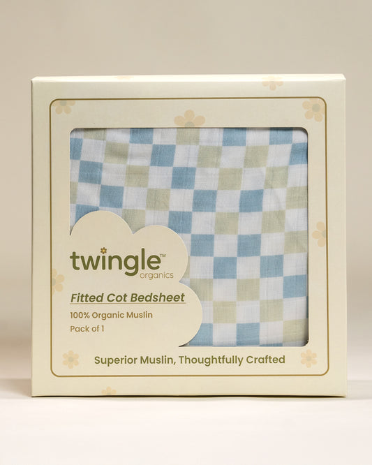 Twingle 100% Organic Muslin Fitted Cot Bedsheet-Generously Sized-Secured All-Round Elastic for Snug Fit-Softens with each Wash-Checkered Chaos Print-White & Blue-Pack of 1-For Infants