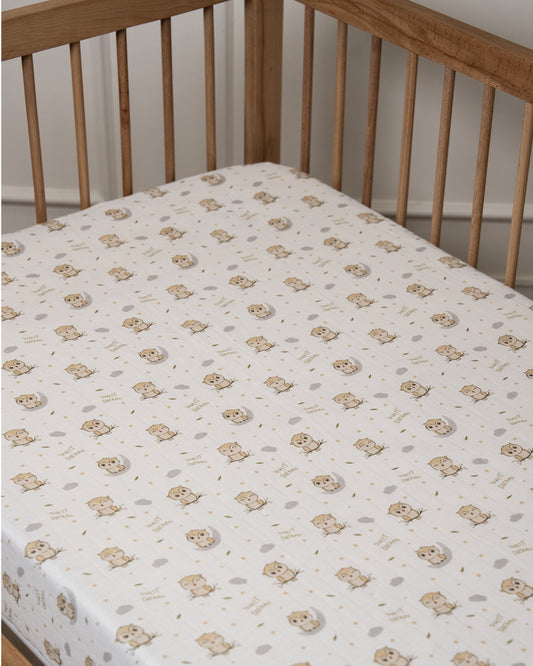 Twingle 100% Organic Muslin Fitted Cot Bedsheet-Generously Sized-Secured All-Round Elastic for Snug Fit-Softens with each Wash-Sleepy Owls Print-White & Beige-Pack of 1-For Infants