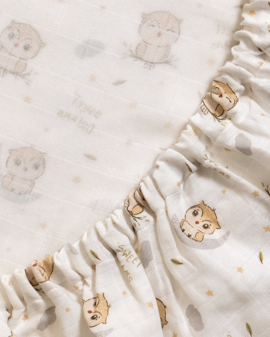 Twingle 100% Organic Muslin Fitted Cot Bedsheet-Generously Sized-Secured All-Round Elastic for Snug Fit-Softens with each Wash-Sleepy Owls Print-White & Beige-Pack of 1-For Infants