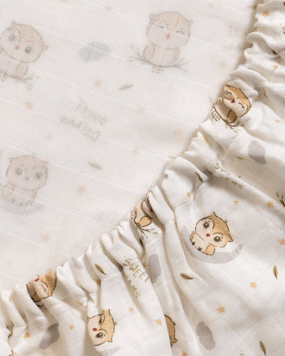 Twingle 100% Organic Muslin Sleepy Owls Baby Bedding Set-Pack of 5-Reversible Quilt, All-round Elastic Bedsheet, Pillow & Bolsters-White & Beige-For Infants