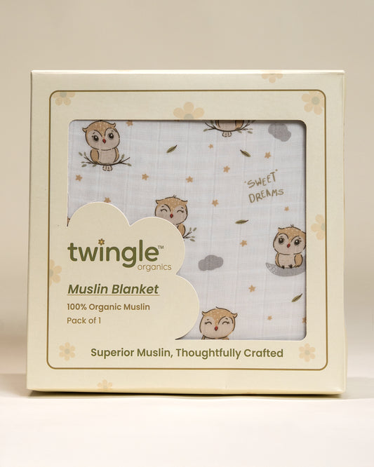 Twingle 100% Organic Muslin Fitted Cot Bedsheet-Generously Sized-Secured All-Round Elastic for Snug Fit-Softens with each Wash-Sleepy Owls Print-White & Beige-Pack of 1-For Infants