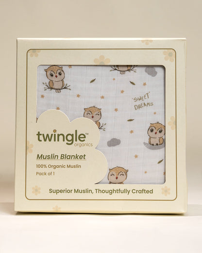 Twingle 100% Organic Muslin Sleepy Owls Baby Bedding Set-Pack of 5-Reversible Quilt, All-round Elastic Bedsheet, Pillow & Bolsters-White & Beige-For Infants