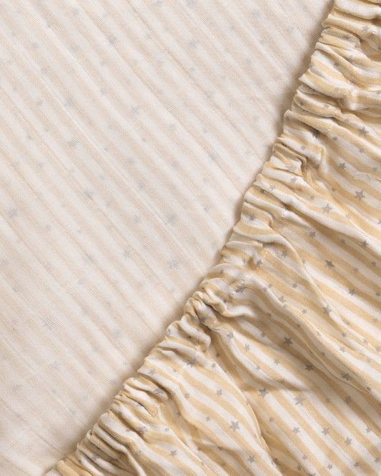 Twingle 100% Organic Muslin Fitted Cot Bedsheet-Generously Sized-Secured All-Round Elastic for Snug Fit-Softens with each Wash-Starlight Print-White & Beige-Pack of 1-For Infants