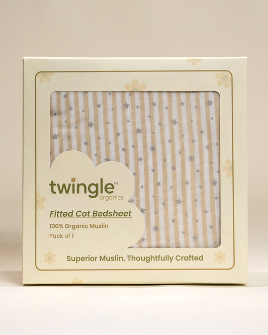 Twingle 100% Organic Muslin Fitted Cot Bedsheet-Generously Sized-Secured All-Round Elastic for Snug Fit-Softens with each Wash-Starlight Print-White & Beige-Pack of 1-For Infants
