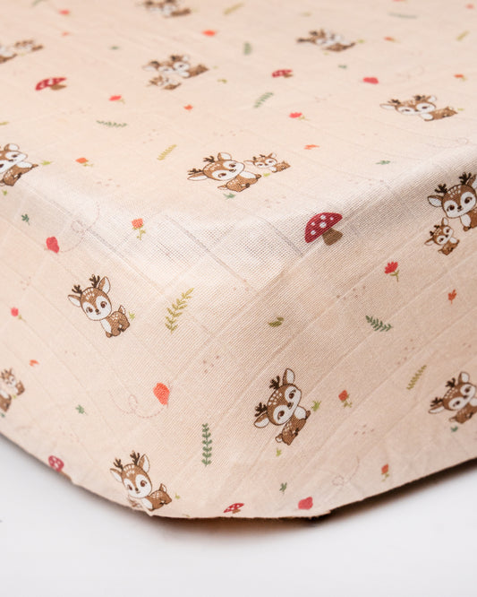 Twingle 100% Organic Muslin Fitted Cot Bedsheet-Generously Sized-Secured All-Round Elastic for Snug Fit-Softens with each Wash-Mama Deer Print-Pink-Pack of 1-For Infants