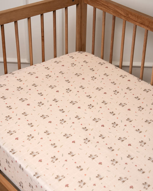 Twingle 100% Organic Muslin Fitted Cot Bedsheet-Generously Sized-Secured All-Round Elastic for Snug Fit-Softens with each Wash-Mama Deer Print-Pink-Pack of 1-For Infants