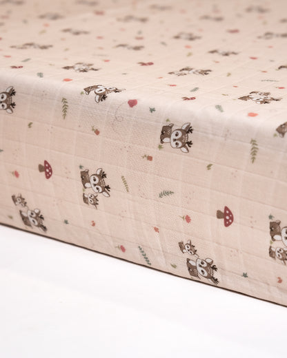 Twingle 100% Organic Muslin Fitted Cot Bedsheet-Generously Sized-Secured All-Round Elastic for Snug Fit-Softens with each Wash-Mama Deer Print-Pink-Pack of 1-For Infants