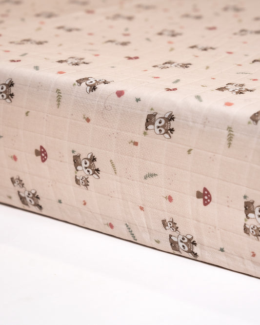 Twingle 100% Organic Muslin Fitted Cot Bedsheet-Generously Sized-Secured All-Round Elastic for Snug Fit-Softens with each Wash-Mama Deer Print-Pink-Pack of 1-For Infants