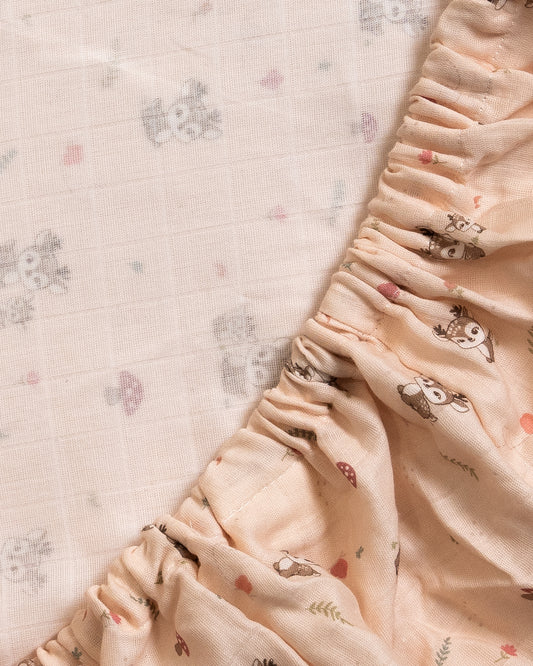 Twingle 100% Organic Muslin Fitted Cot Bedsheet-Generously Sized-Secured All-Round Elastic for Snug Fit-Softens with each Wash-Mama Deer Print-Pink-Pack of 1-For Infants