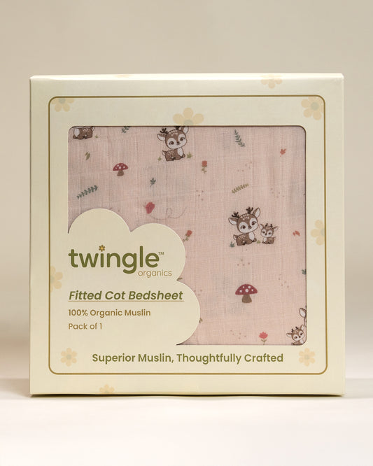 Twingle 100% Organic Muslin Fitted Cot Bedsheet-Generously Sized-Secured All-Round Elastic for Snug Fit-Softens with each Wash-Mama Deer Print-Pink-Pack of 1-For Infants