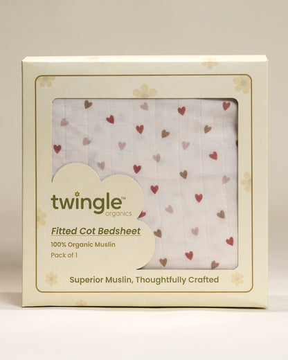 Twingle 100% Organic Muslin Fitted Cot Bedsheet-Generously Sized-Secured All-Round Elastic for Snug Fit-Softens with each Wash-Tiny Hearts Print-White-Pack of 1-For Infants