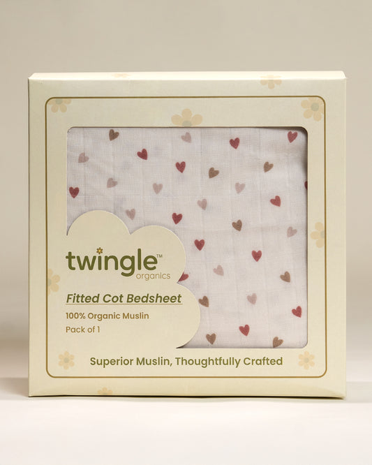 Twingle 100% Organic Muslin Fitted Cot Bedsheet-Generously Sized-Secured All-Round Elastic for Snug Fit-Softens with each Wash-Tiny Hearts Print-White-Pack of 1-For Infants
