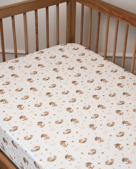 Twingle 100% Organic Muslin Fitted Cot Bedsheet-Generously Sized-Secured All-Round Elastic for Snug Fit-Softens with each Wash-Cozy Roars Print-White-Pack of 1-For Infants