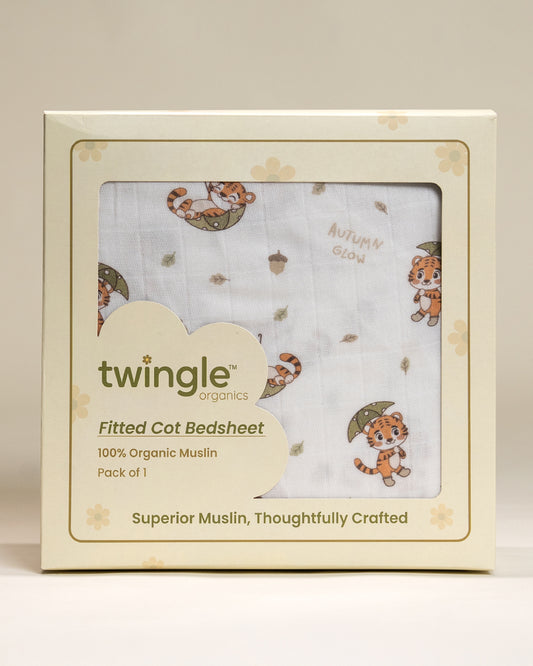 Twingle 100% Organic Muslin Fitted Cot Bedsheet-Generously Sized-Secured All-Round Elastic for Snug Fit-Softens with each Wash-Cozy Roars Print-White-Pack of 1-For Infants