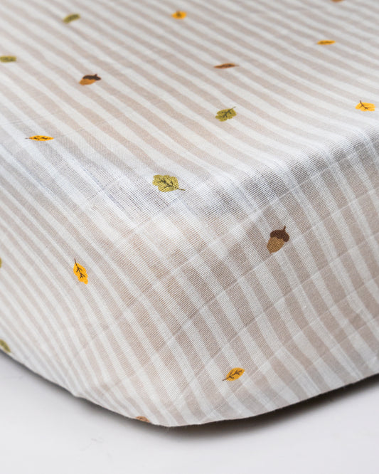 Twingle 100% Organic Muslin Fitted Cot Bedsheet-Generously Sized-Secured All-Round Elastic for Snug Fit-Softens with each Wash-Autumn Vibes Print-White & Grey-Pack of 1-For Infants