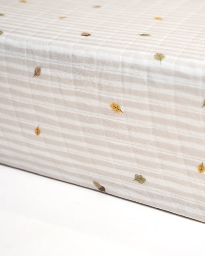 Twingle 100% Organic Muslin Fitted Cot Bedsheet-Generously Sized-Secured All-Round Elastic for Snug Fit-Softens with each Wash-Autumn Vibes Print-White & Grey-Pack of 1-For Infants