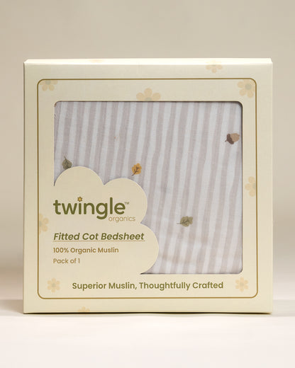 Twingle 100% Organic Muslin Fitted Cot Bedsheet-Generously Sized-Secured All-Round Elastic for Snug Fit-Softens with each Wash-Autumn Vibes Print-White & Grey-Pack of 1-For Infants
