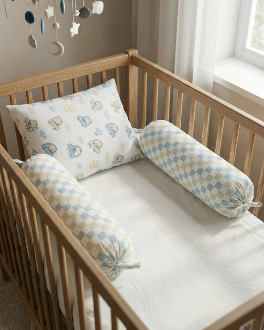 Twingle 100% Organic Muslin Baby Pillow & Bolsters-High Twist Yarn for Lasting Softness-Eco Certified Genesta Inks for Skin-Safe Prints-Little Drivers & Checkered Chaos Print-White & Blue-Pack of 3-For Infants