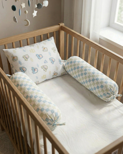 Twingle 100% Organic Muslin Little Drivers Baby Bedding Set-Pack of 5-Reversible Quilt, All-round Elastic Bedsheet, Pillow & Bolsters-White & Blue-For Infants