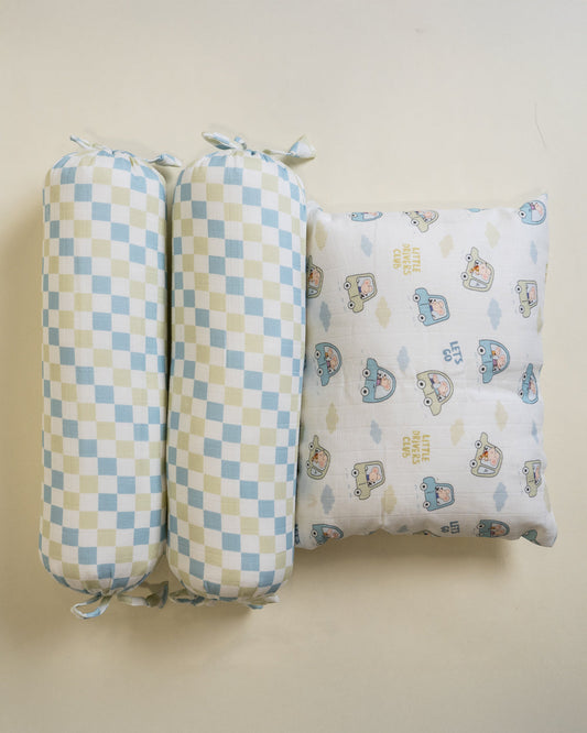 Twingle 100% Organic Muslin Little Drivers Baby Bedding Set-Pack of 5-Reversible Blanket, All-round Elastic Bedsheet, Pillow & Bolsters-Eco Certified Genesta baby safe Inks-White & Blue-For Infants