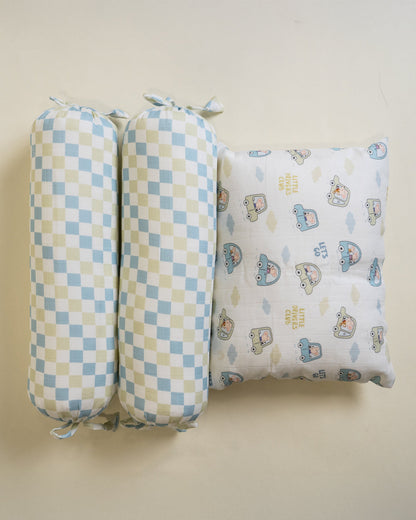 Twingle 100% Organic Muslin Little Drivers Baby Bedding Set-Pack of 5-Reversible Quilt, All-round Elastic Bedsheet, Pillow & Bolsters-White & Blue-For Infants