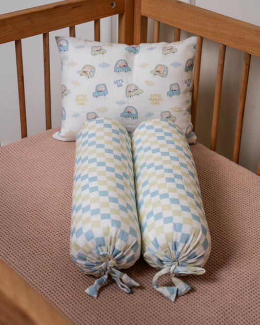 Twingle 100% Organic Muslin Little Drivers Baby Bedding Set-Pack of 5-Reversible Blanket, All-round Elastic Bedsheet, Pillow & Bolsters-Eco Certified Genesta baby safe Inks-White & Blue-For Infants