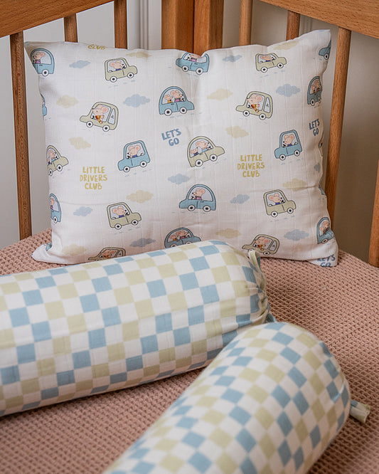 Twingle 100% Organic Muslin Little Drivers Baby Bedding Set-Pack of 5-Reversible Quilt, All-round Elastic Bedsheet, Pillow & Bolsters-Eco Certified Genesta baby safe Inks-White & Blue-For Infants