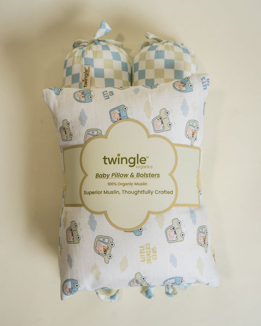 Twingle 100% Organic Muslin Little Drivers Baby Bedding Set-Pack of 5-Reversible Quilt, All-round Elastic Bedsheet, Pillow & Bolsters-Eco Certified Genesta baby safe Inks-White & Blue-For Infants