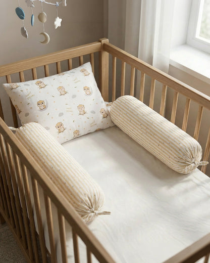 Twingle 100% Organic Muslin Baby Pillow & Bolsters-High Twist Yarn for Lasting Softness-Eco Certified Genesta Inks for Skin-Safe Prints-Sleepy Owls & Starlight Print-White & Beige-Pack of 3-For Infants