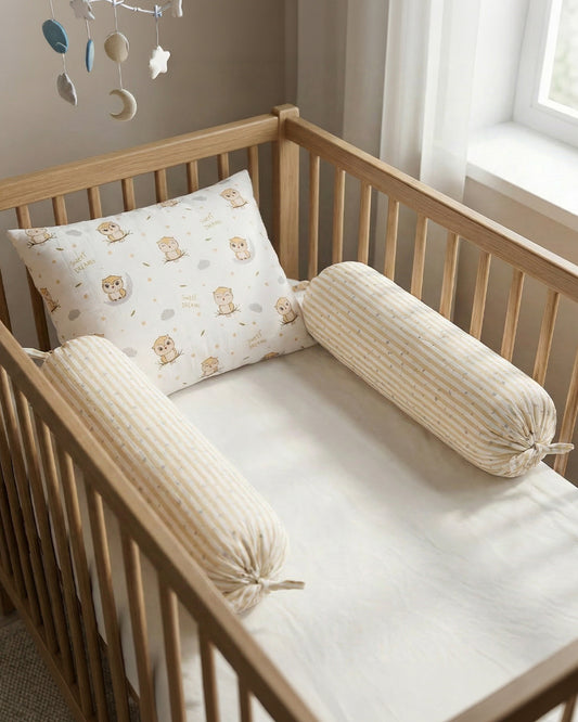 Twingle 100% Organic Muslin Baby Pillow & Bolsters-High Twist Yarn for Lasting Softness-Eco Certified Genesta Inks for Skin-Safe Prints-Sleepy Owls & Starlight Print-White & Beige-Pack of 3-For Infants
