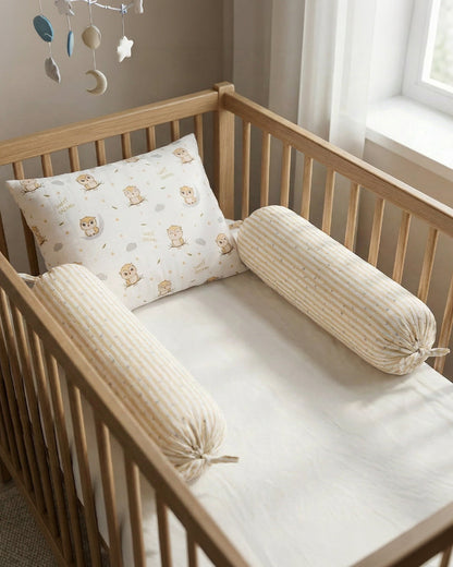 Twingle 100% Organic Muslin Sleepy Owls Baby Bedding Set-Pack of 5-Reversible Quilt, All-round Elastic Bedsheet, Pillow & Bolsters-White & Beige-For Infants